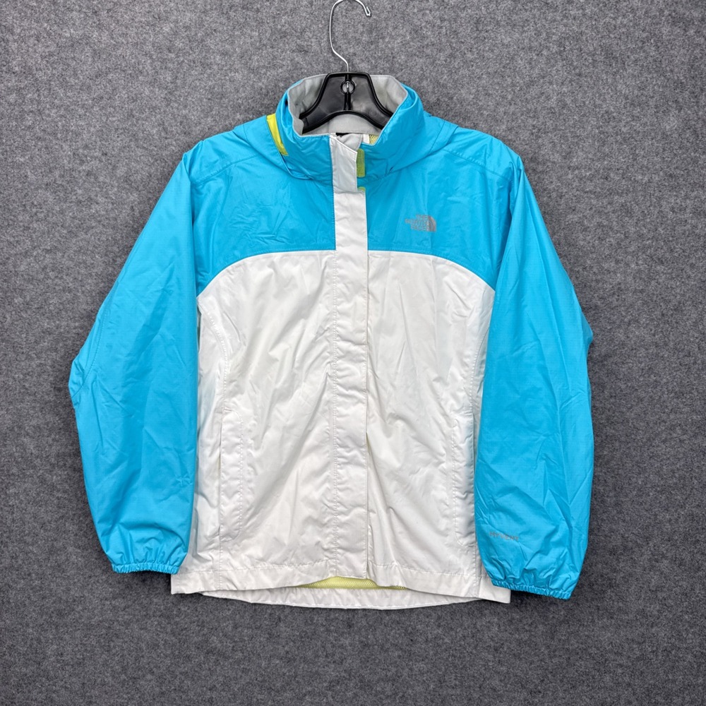 The North Face Girls HyVent Rain Jacket Blue White Hooded Shell Size L‎ 14/16
